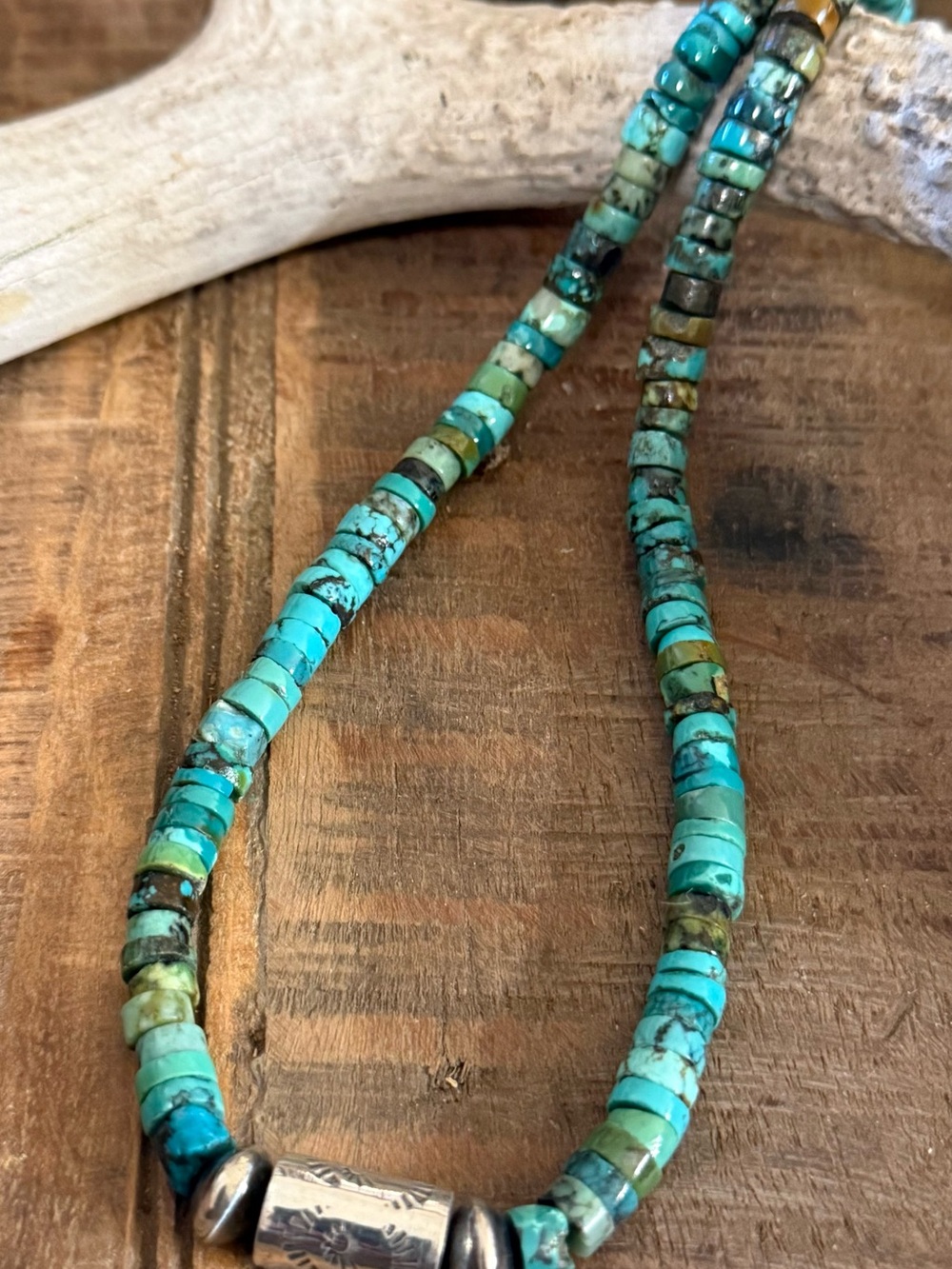 Kingman Turquoise Heishi Necklace, Sterling Silver Navajo Pearls, 18 Inch - Picture 5 of 5